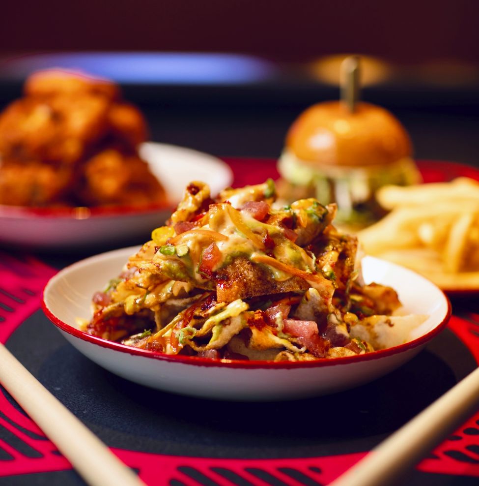 plate with a lot of food and blurry background